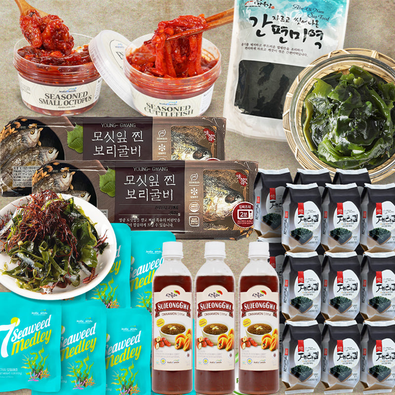 [남도 보리굴비 백반 정식] 구운보리굴비 2팩 + 간편미역 1개 + 오징어젓갈 1개 +낙지젓갈1개 + 도시락김 18팩 + 해초샐러드 1팩 + 수정과 3개